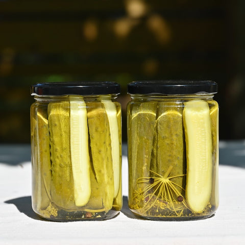 Two jars of spicy dill pickles