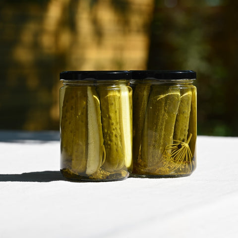 Two jars of spicy dill pickles