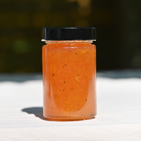 One tall jar of peach and earl grey jam