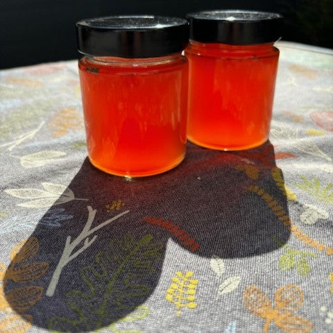 Two jars of rhubarb jelly