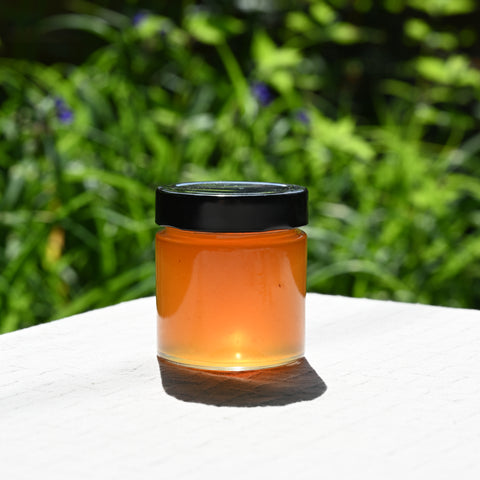 Jar of apple jelly with a black lid on a white surface with a green, blurred natural background