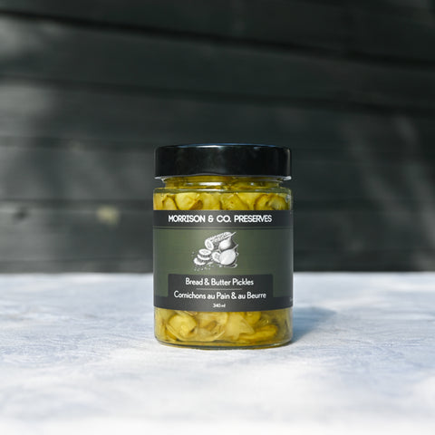 One jar of Morrison & Co Preserves Bread & Butter pickles on a white tablecloth